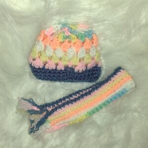 NEW crocheted pastel granny square boho hat & scarf 18" doll HANDMADE